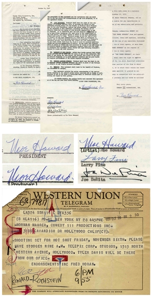 Two 1959 Contracts: (1) Signed by Moe Howard for Stooges' Appearance in Commercial (With Telegram & Letter); (2) Signed by Moe Howard (Three Times), Larry Fine & Joe DeRita for TV Special -- Very Good